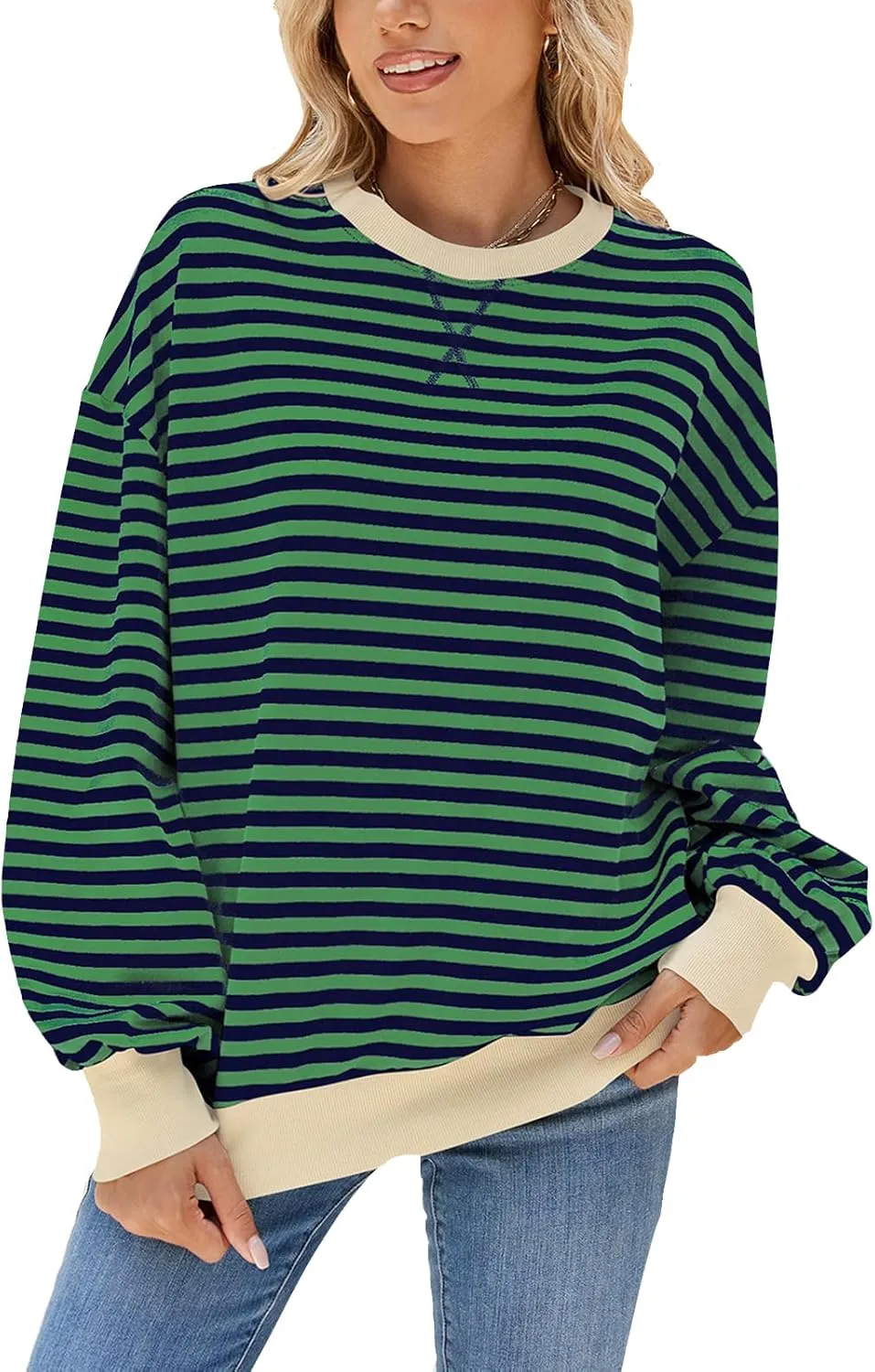 Blostirno Womens Oversized Striped Crewneck Sweatshirt Long Sleeve Colorblock Hoodies Shirts Fall Pullover Tops