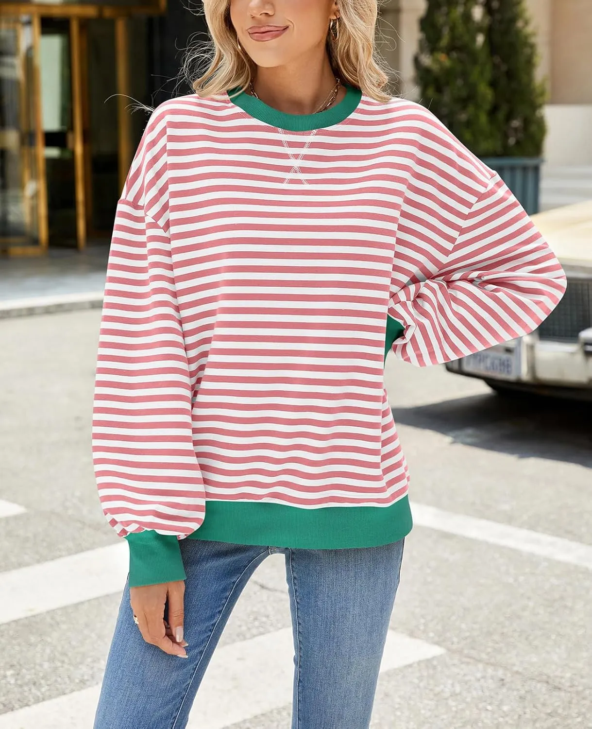 Blostirno Womens Oversized Striped Crewneck Sweatshirt Long Sleeve Colorblock Hoodies Shirts Fall Pullover Tops