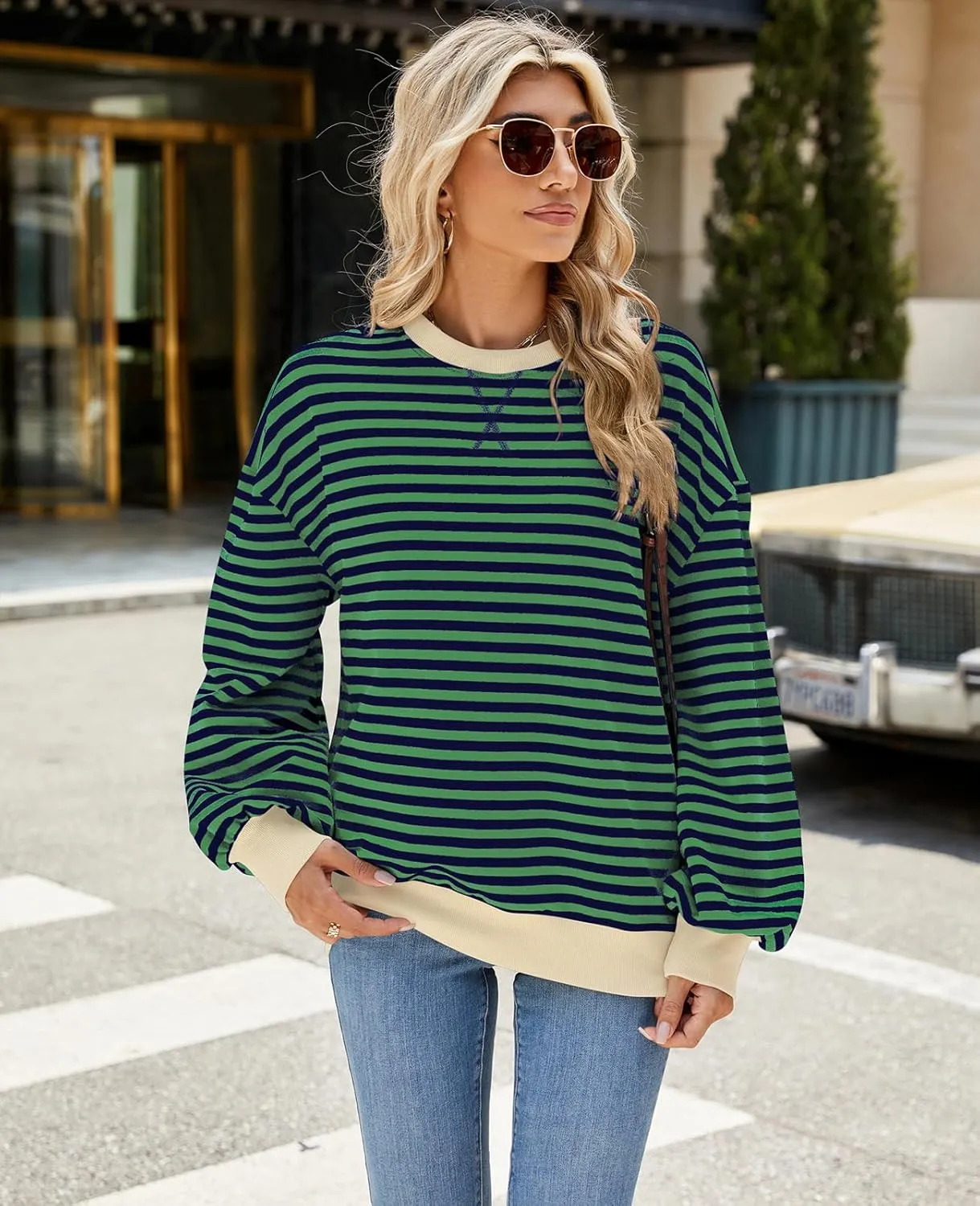Blostirno Womens Oversized Striped Crewneck Sweatshirt Long Sleeve Colorblock Hoodies Shirts Fall Pullover Tops