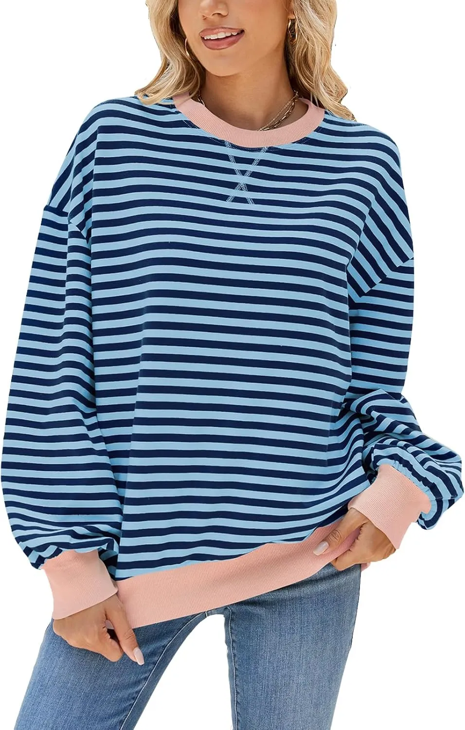Blostirno Womens Oversized Striped Crewneck Sweatshirt Long Sleeve Colorblock Hoodies Shirts Fall Pullover Tops