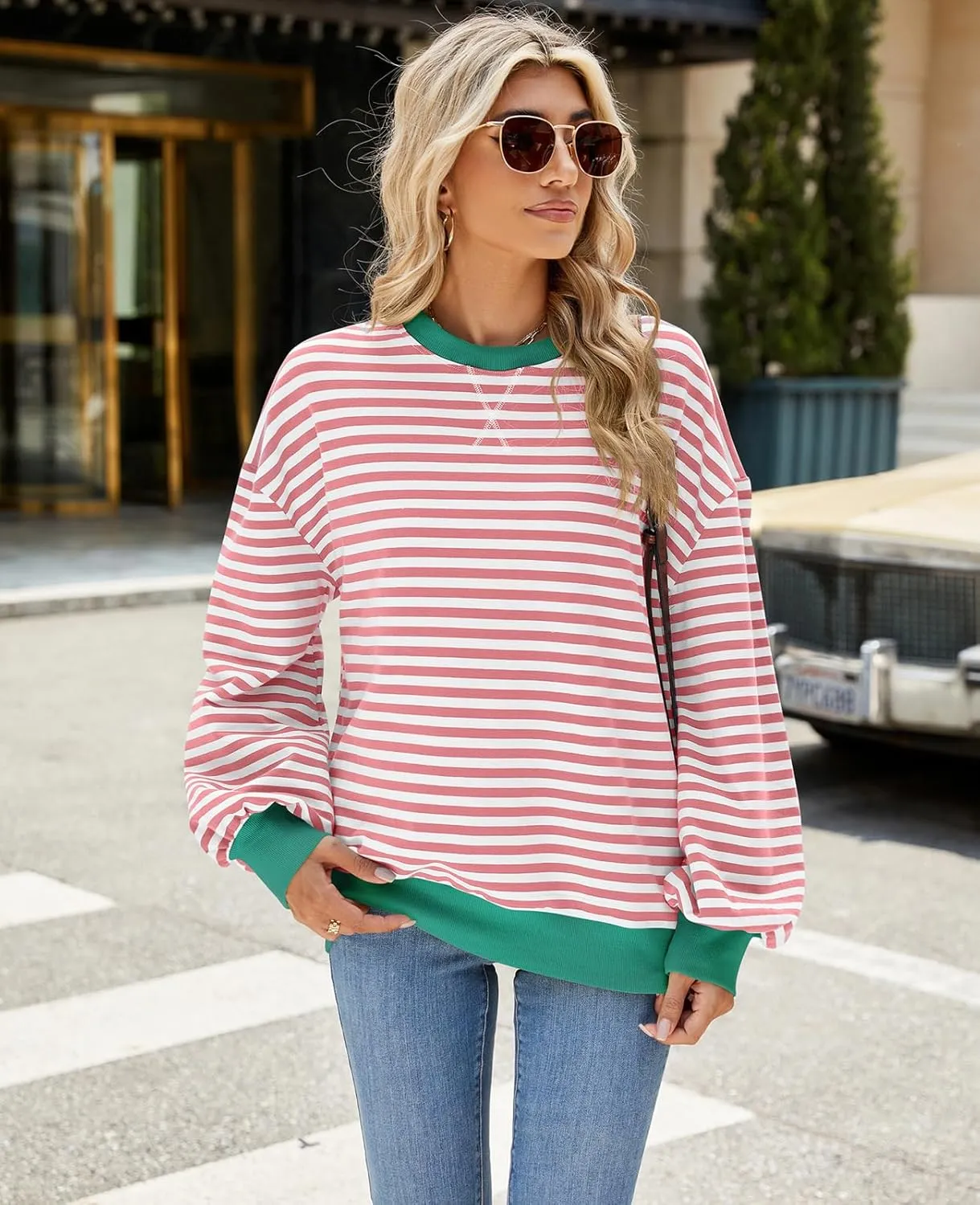 Blostirno Womens Oversized Striped Crewneck Sweatshirt Long Sleeve Colorblock Hoodies Shirts Fall Pullover Tops