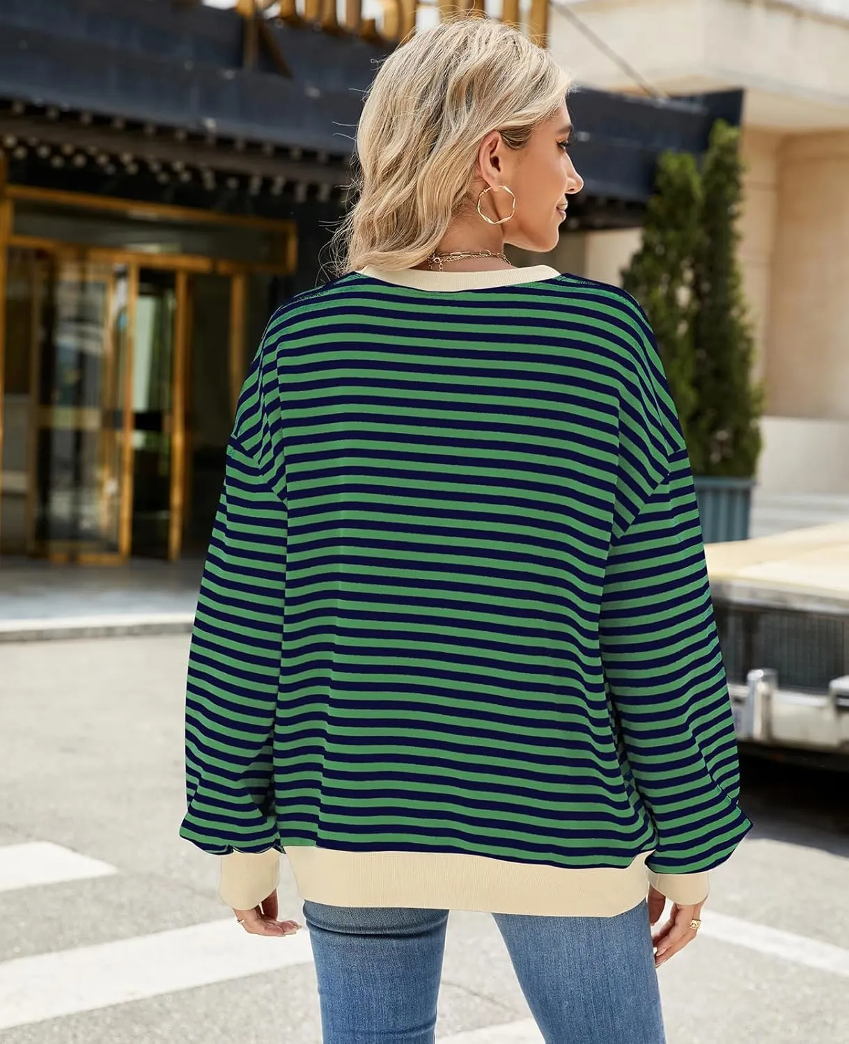 Blostirno Womens Oversized Striped Crewneck Sweatshirt Long Sleeve Colorblock Hoodies Shirts Fall Pullover Tops