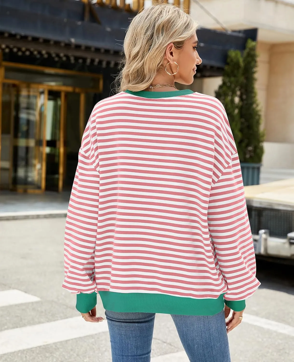 Blostirno Womens Oversized Striped Crewneck Sweatshirt Long Sleeve Colorblock Hoodies Shirts Fall Pullover Tops