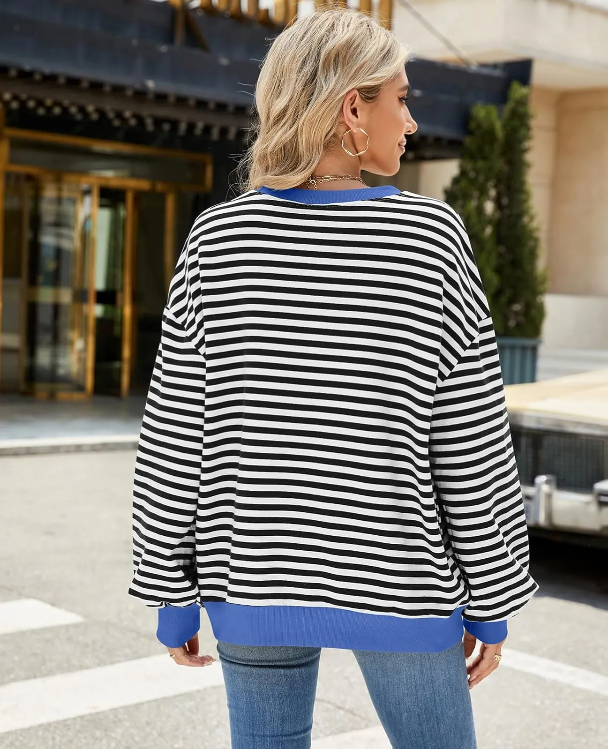 Blostirno Womens Oversized Striped Crewneck Sweatshirt Long Sleeve Colorblock Hoodies Shirts Fall Pullover Tops