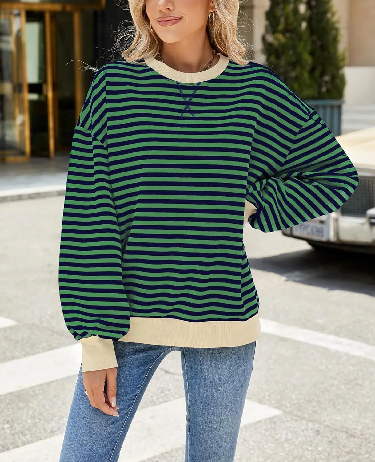 Blostirno Womens Oversized Striped Crewneck Sweatshirt Long Sleeve Colorblock Hoodies Shirts Fall Pullover Tops