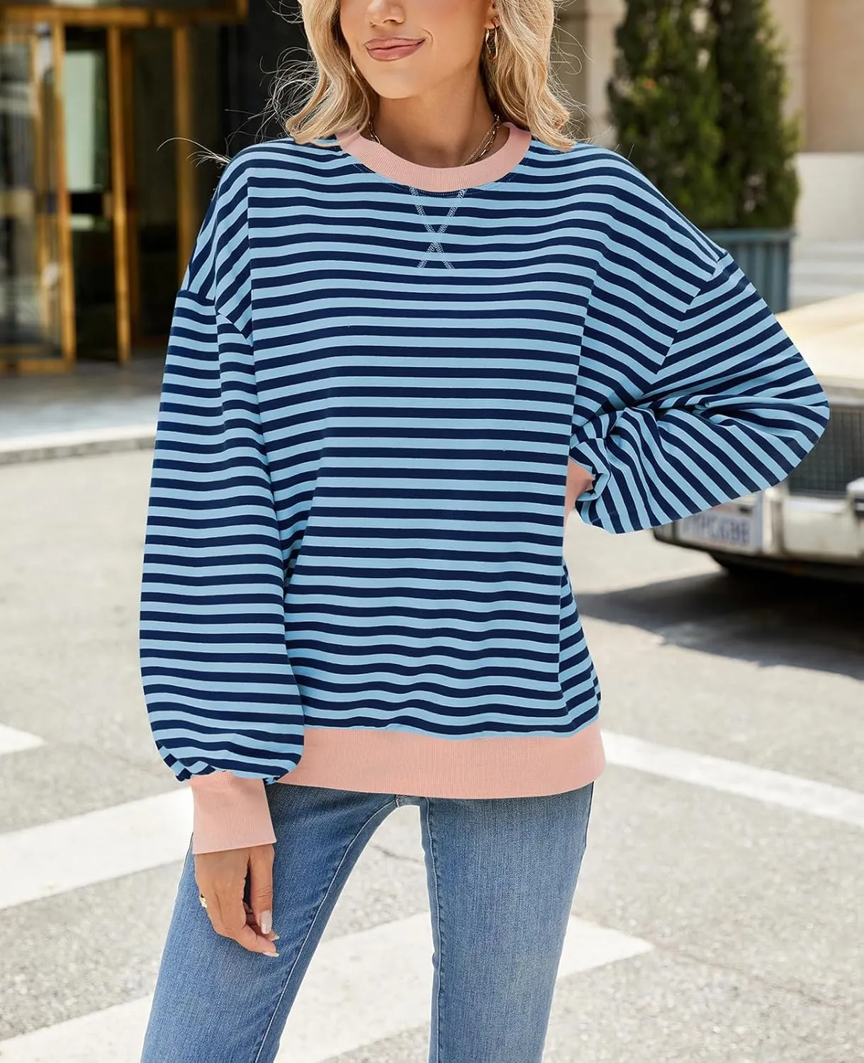 Blostirno Womens Oversized Striped Crewneck Sweatshirt Long Sleeve Colorblock Hoodies Shirts Fall Pullover Tops