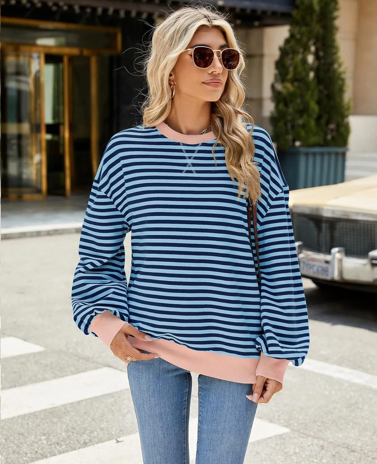 Blostirno Womens Oversized Striped Crewneck Sweatshirt Long Sleeve Colorblock Hoodies Shirts Fall Pullover Tops