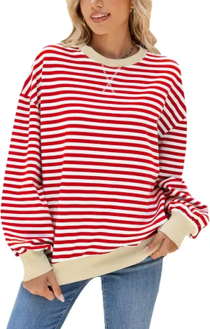 Blostirno Womens Oversized Striped Crewneck Sweatshirt Long Sleeve Colorblock Hoodies Shirts Fall Pullover Tops