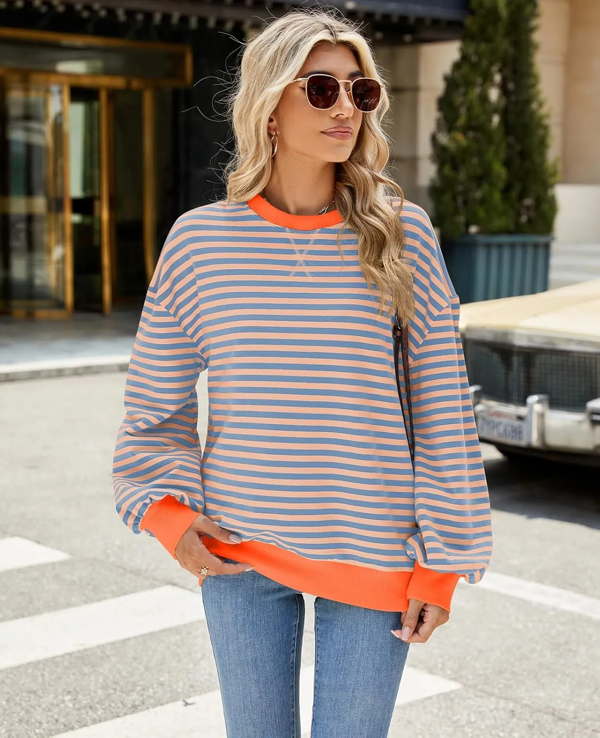 Blostirno Womens Oversized Striped Crewneck Sweatshirt Long Sleeve Colorblock Hoodies Shirts Fall Pullover Tops