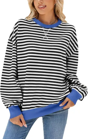 Blostirno Womens Oversized Striped Crewneck Sweatshirt Long Sleeve Colorblock Hoodies Shirts Fall Pullover Tops