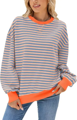Blostirno Womens Oversized Striped Crewneck Sweatshirt Long Sleeve Colorblock Hoodies Shirts Fall Pullover Tops