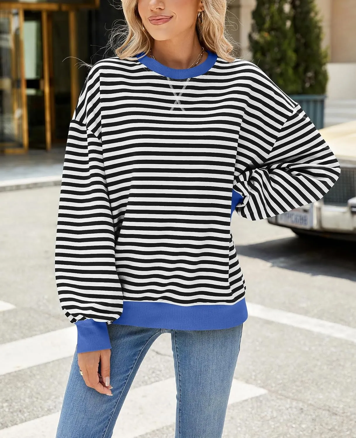 Blostirno Womens Oversized Striped Crewneck Sweatshirt Long Sleeve Colorblock Hoodies Shirts Fall Pullover Tops
