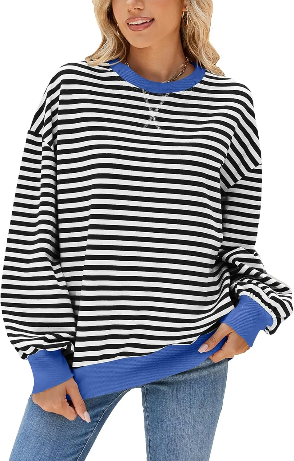 Blostirno Womens Oversized Striped Crewneck Sweatshirt Long Sleeve Colorblock Hoodies Shirts Fall Pullover Tops