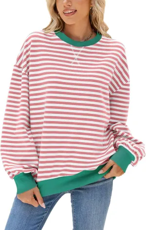 Blostirno Womens Oversized Striped Crewneck Sweatshirt Long Sleeve Colorblock Hoodies Shirts Fall Pullover Tops