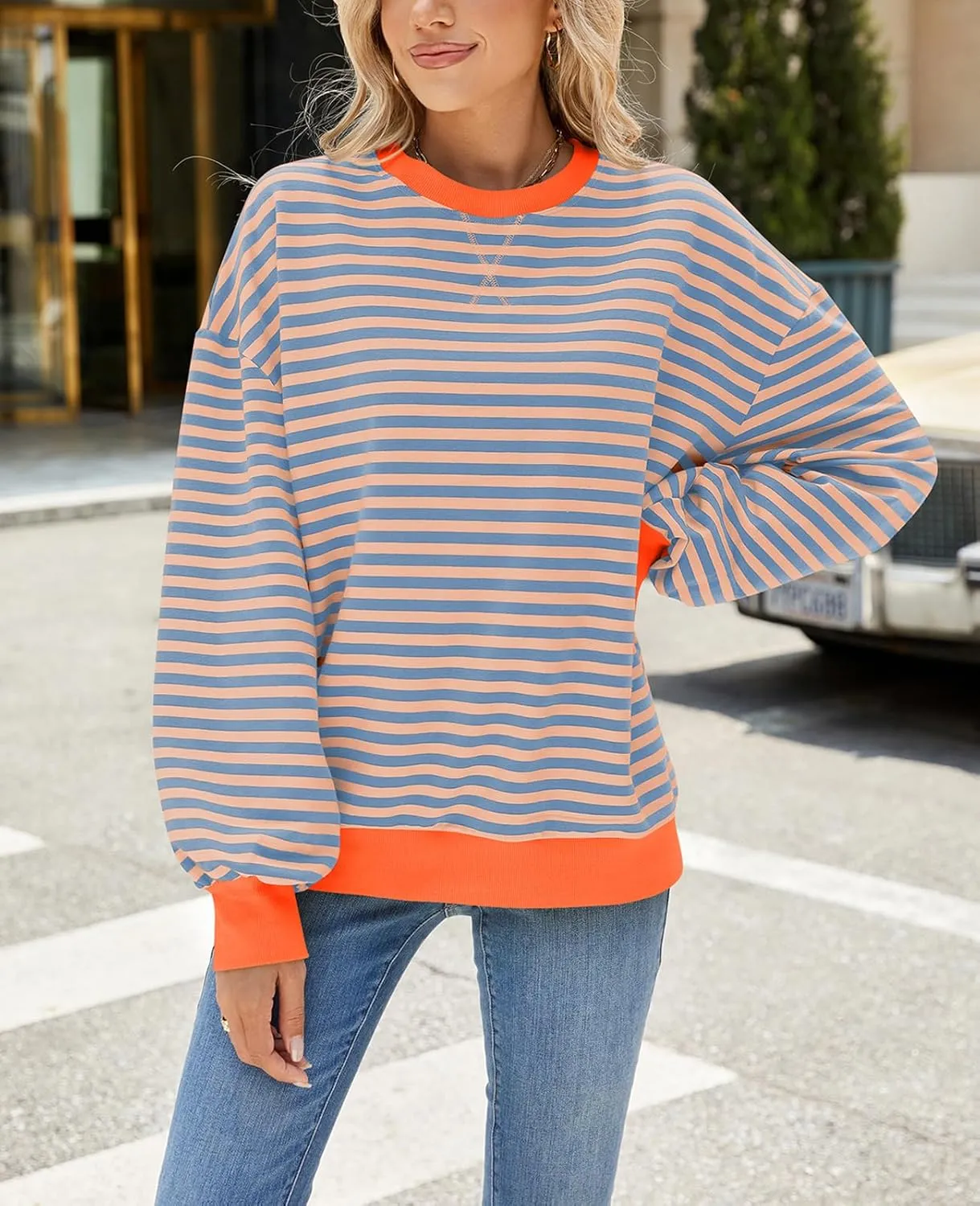 Blostirno Womens Oversized Striped Crewneck Sweatshirt Long Sleeve Colorblock Hoodies Shirts Fall Pullover Tops