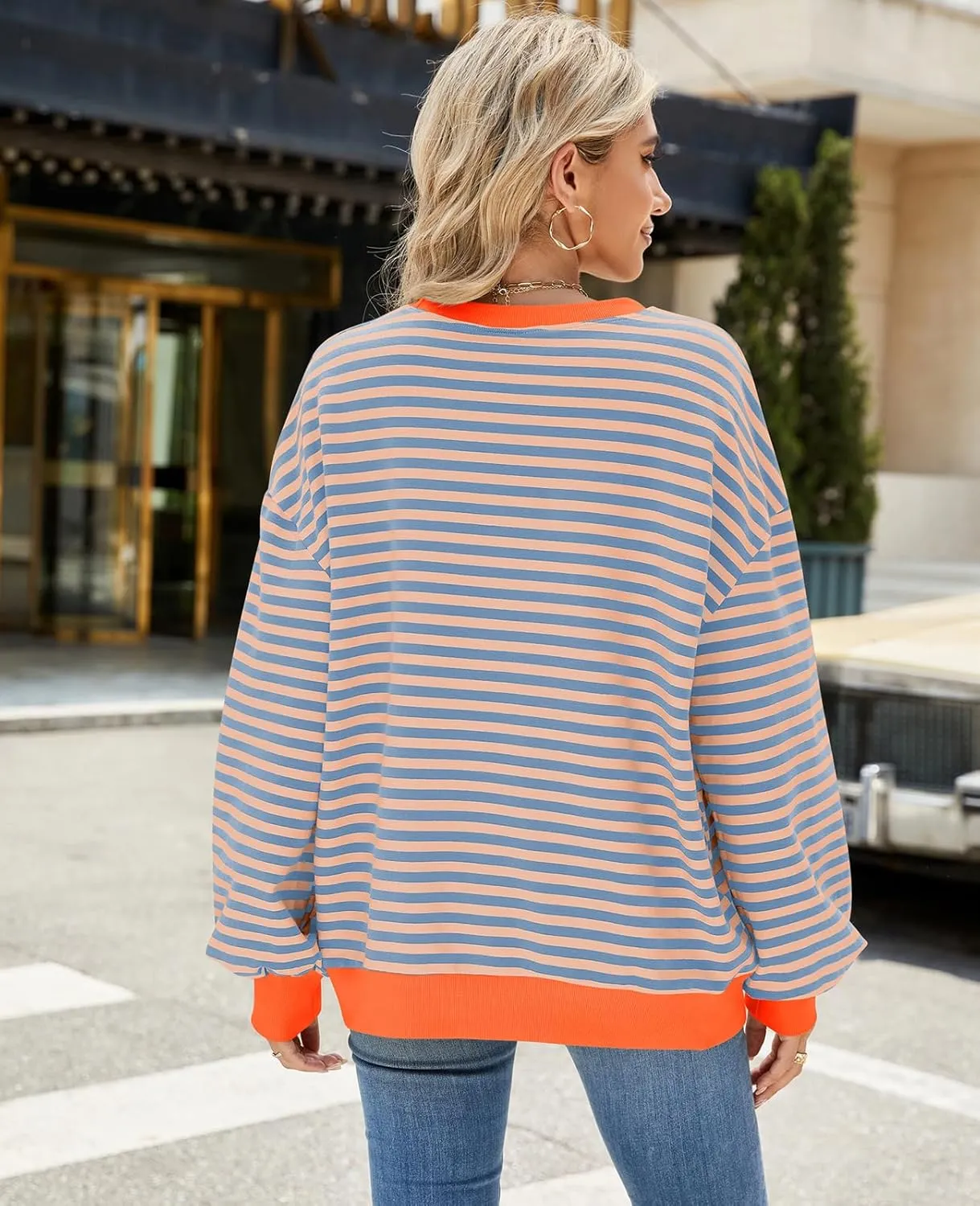 Blostirno Womens Oversized Striped Crewneck Sweatshirt Long Sleeve Colorblock Hoodies Shirts Fall Pullover Tops