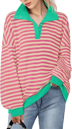 Blostirno Womens Oversized Striped Sweatshirt Long Sleeve Half Button Polo Shirts Hoodies Fall Henley Pullover Tops