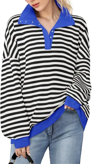 Blostirno Womens Oversized Striped Sweatshirt Long Sleeve Half Button Polo Shirts Hoodies Fall Henley Pullover Tops