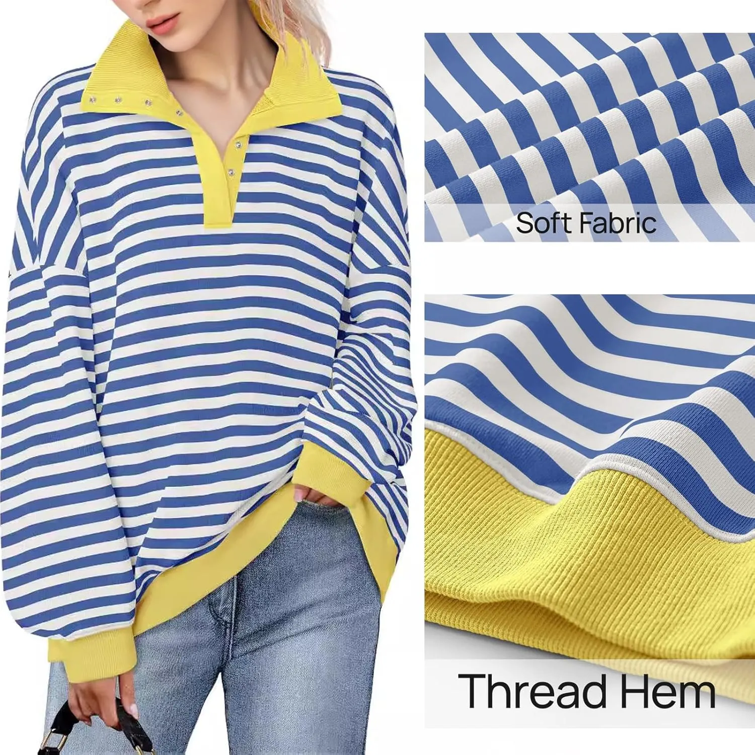 Blostirno Womens Oversized Striped Sweatshirt Long Sleeve Half Button Polo Shirts Hoodies Fall Henley Pullover Tops
