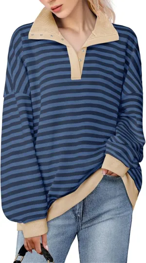 Blostirno Womens Oversized Striped Sweatshirt Long Sleeve Half Button Polo Shirts Hoodies Fall Henley Pullover Tops