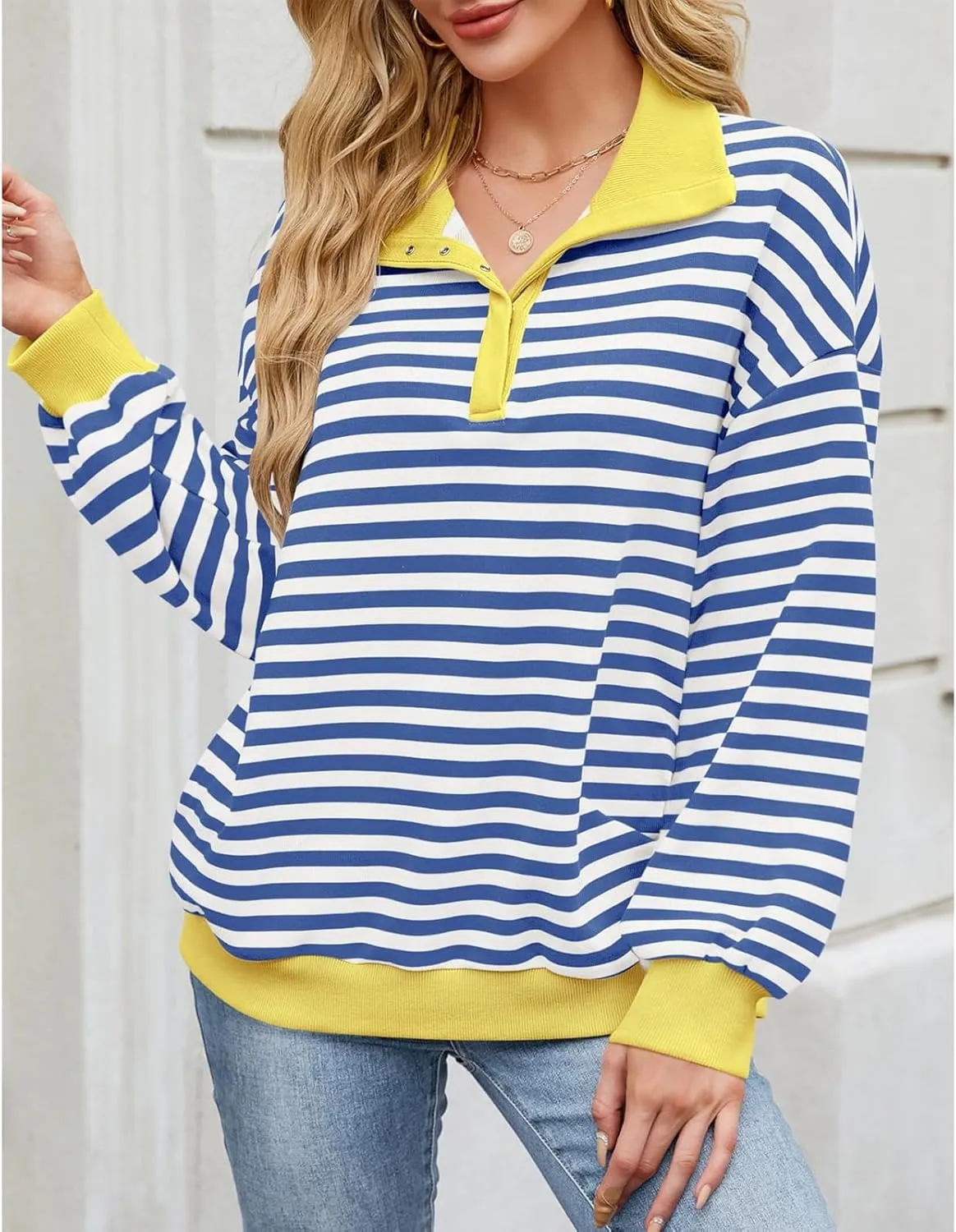 Blostirno Womens Oversized Striped Sweatshirt Long Sleeve Half Button Polo Shirts Hoodies Fall Henley Pullover Tops