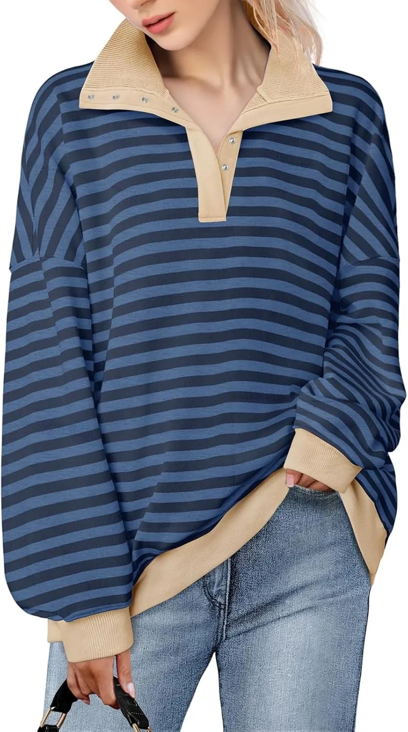 Blostirno Womens Oversized Striped Sweatshirt Long Sleeve Half Button Polo Shirts Hoodies Fall Henley Pullover Tops