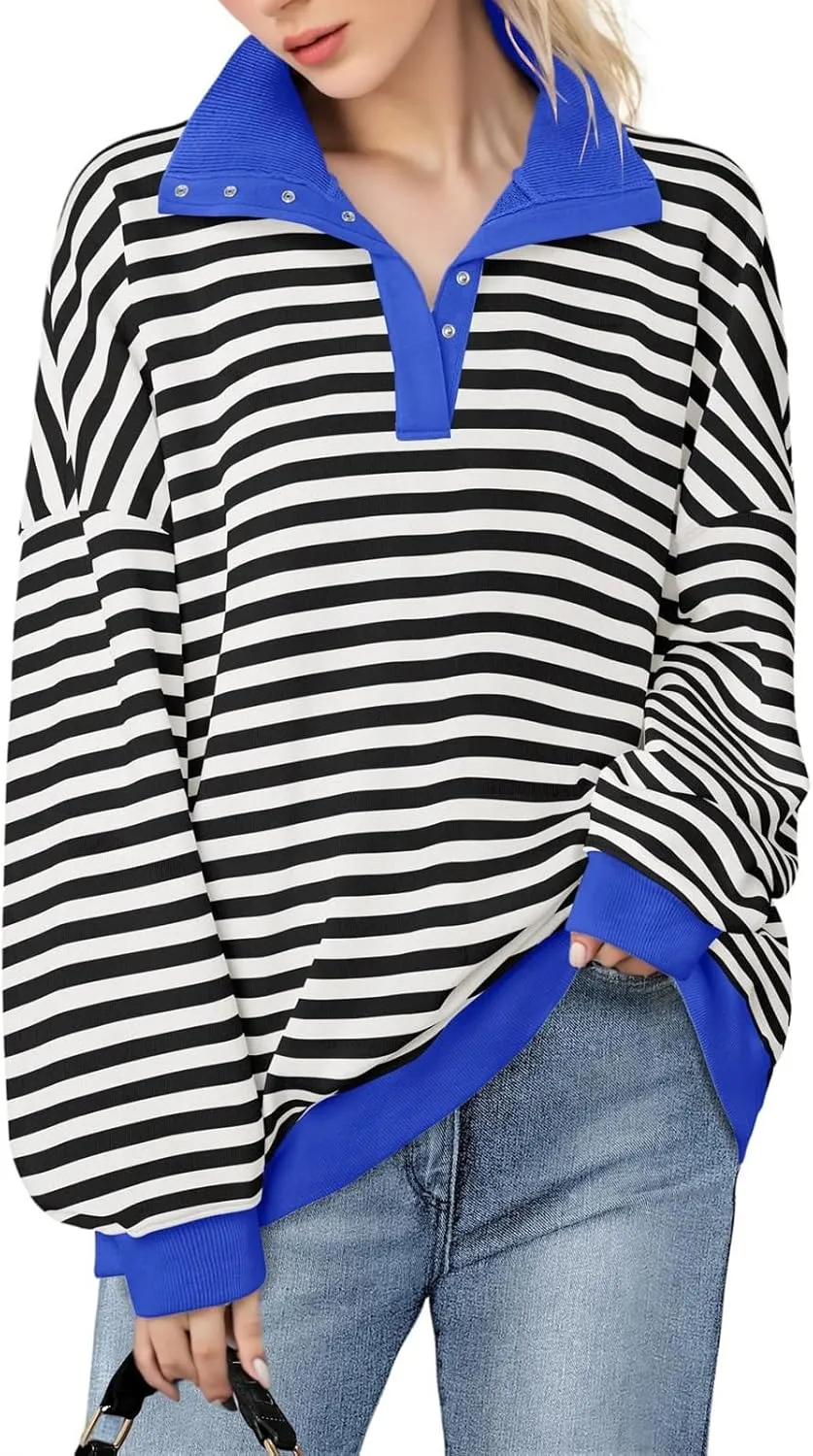 Blostirno Womens Oversized Striped Sweatshirt Long Sleeve Half Button Polo Shirts Hoodies Fall Henley Pullover Tops