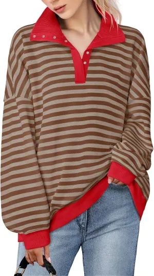 Blostirno Womens Oversized Striped Sweatshirt Long Sleeve Half Button Polo Shirts Hoodies Fall Henley Pullover Tops