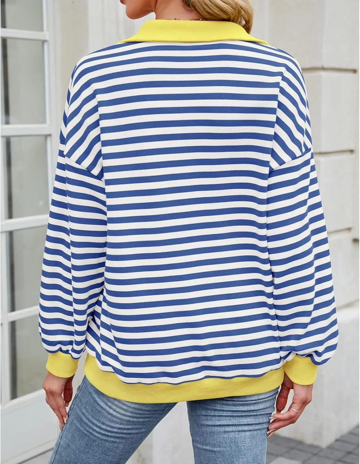Blostirno Womens Oversized Striped Sweatshirt Long Sleeve Half Button Polo Shirts Hoodies Fall Henley Pullover Tops