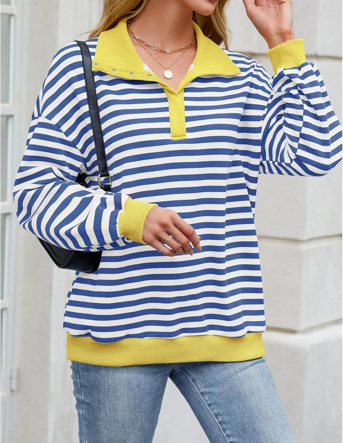 Blostirno Womens Oversized Striped Sweatshirt Long Sleeve Half Button Polo Shirts Hoodies Fall Henley Pullover Tops