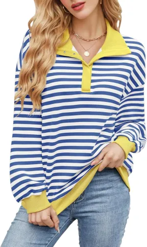 Blostirno Womens Oversized Striped Sweatshirt Long Sleeve Half Button Polo Shirts Hoodies Fall Henley Pullover Tops