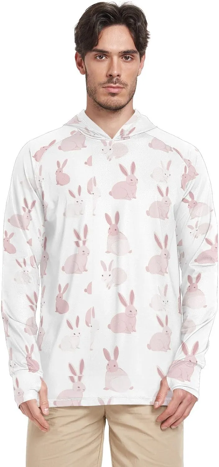 Blush Bunny White Mens Sun Shirts Protection Long Sleeve UPF 50 Mens Sun Shirt Quick-Dry Rash Guard Men Hooded Fishing Shirts sudaderas con gorro para hombre