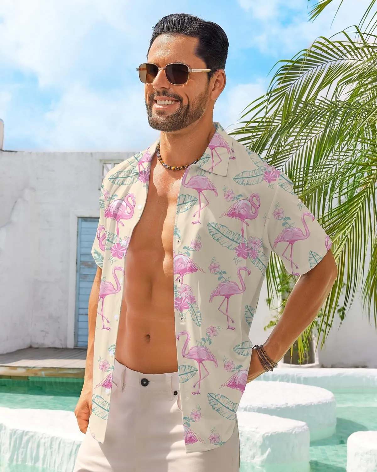 BOJIN Men's Hawaiian Wrinkle Free Short Sleeve Button Down Tropical Floral Beach Vacation Shirt