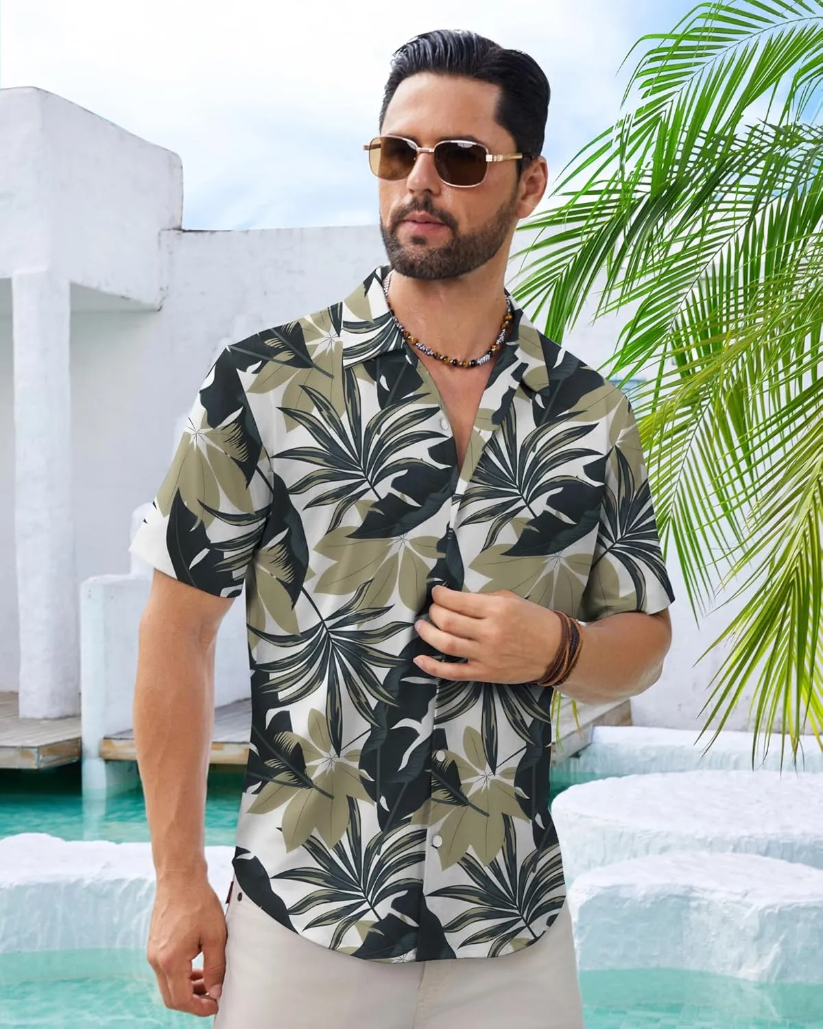 BOJIN Men's Hawaiian Wrinkle Free Short Sleeve Button Down Tropical Floral Beach Vacation Shirt