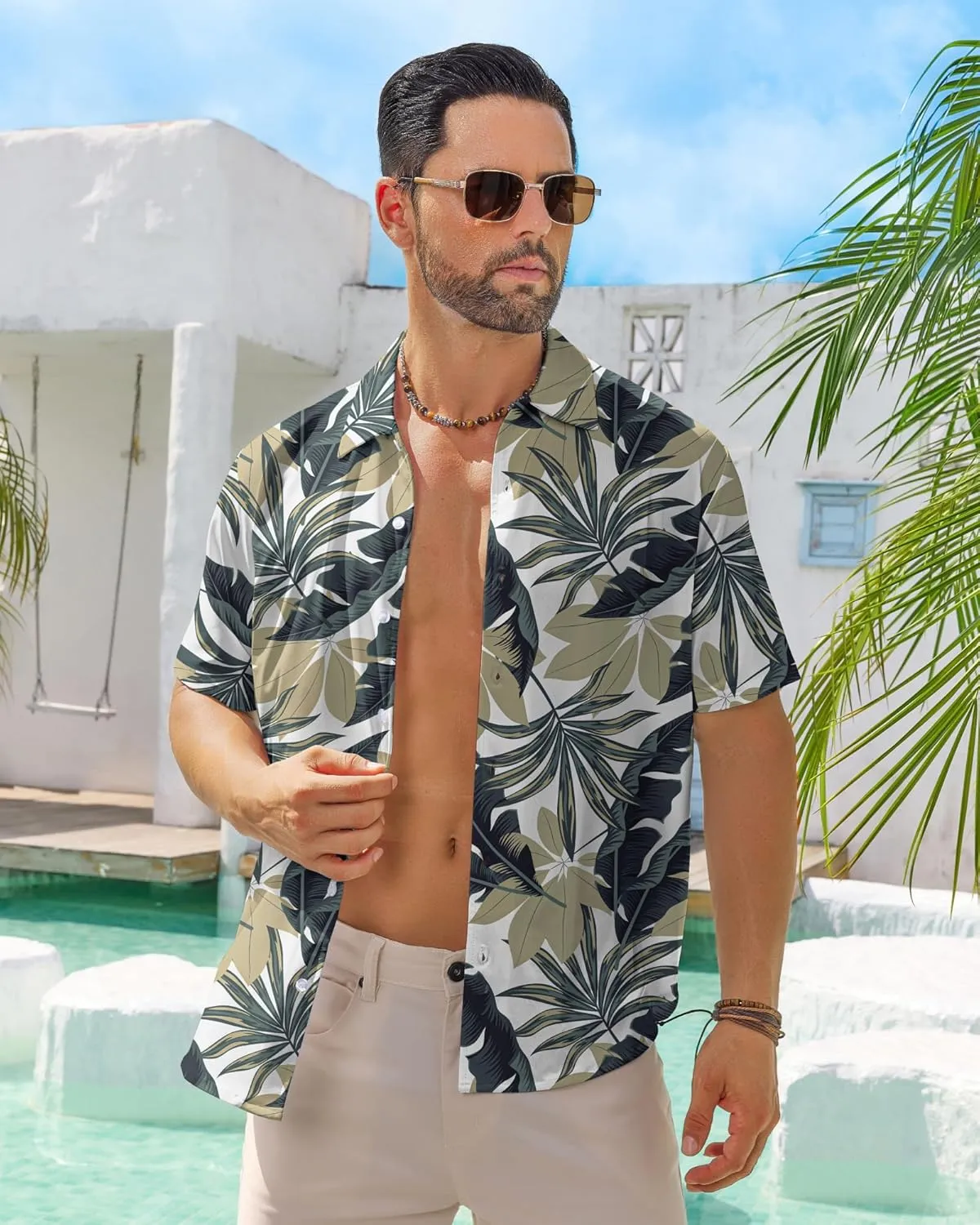 BOJIN Men's Hawaiian Wrinkle Free Short Sleeve Button Down Tropical Floral Beach Vacation Shirt