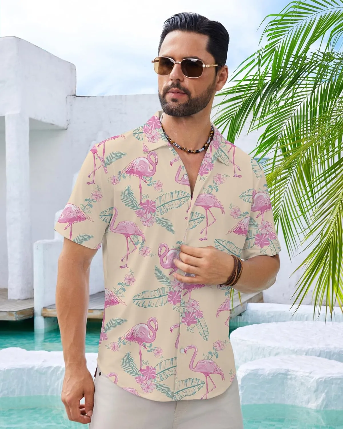 BOJIN Men's Hawaiian Wrinkle Free Short Sleeve Button Down Tropical Floral Beach Vacation Shirt