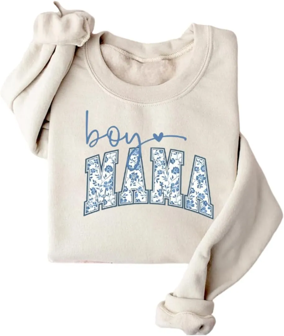 Boy Mama Women Crewneck Fleece Sweatshirt Cute Flower Graphic Mom Long Sleeve Shirt Fashion Mommy Fall Pullover Tops