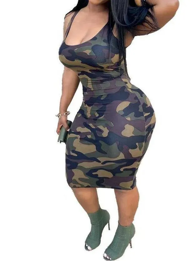 Camo Print Tank Wrap Suspender Midi Dress