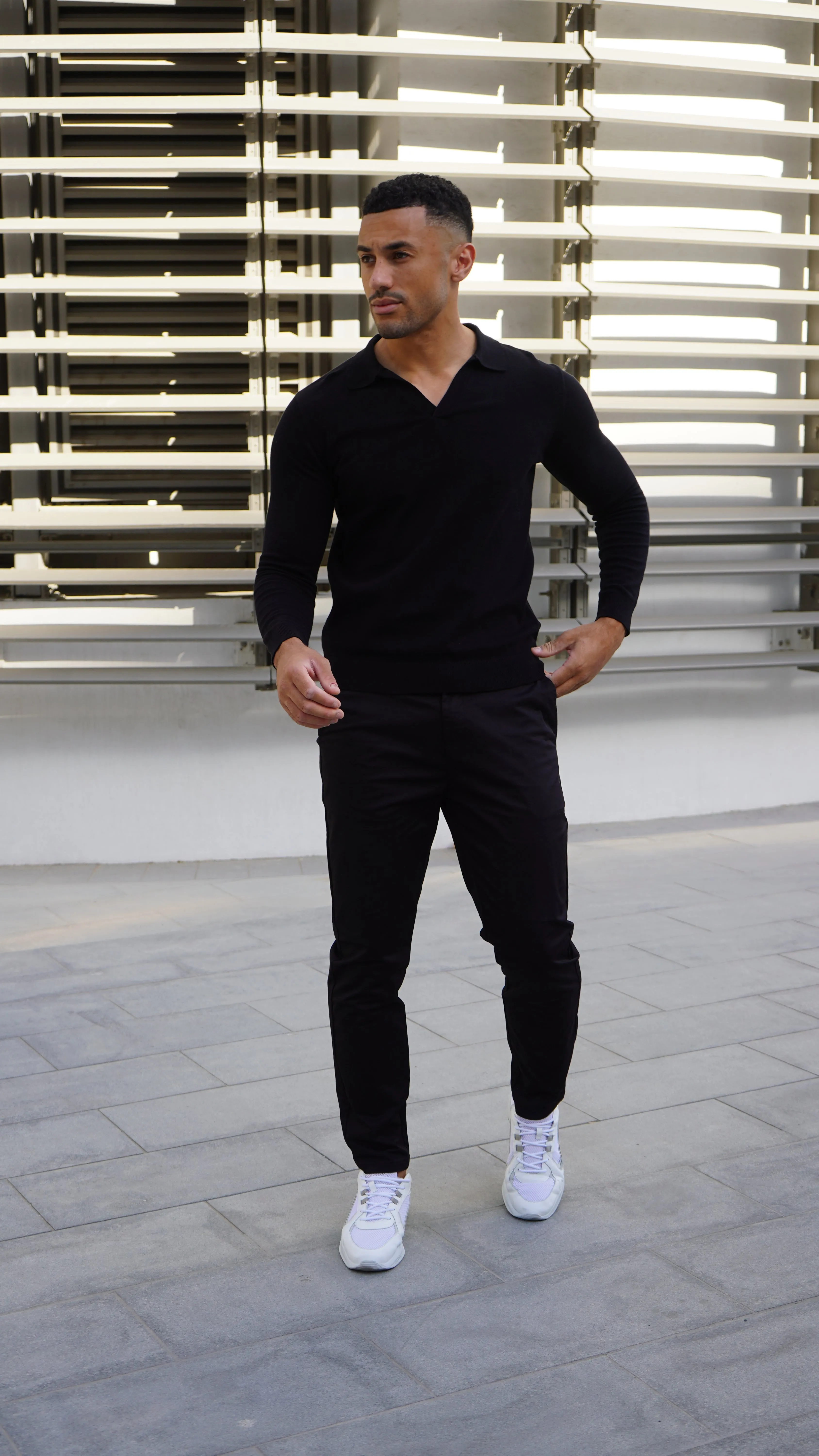Capo Egyptian Cotton Cuban Collar LS Polo Shirt - Black