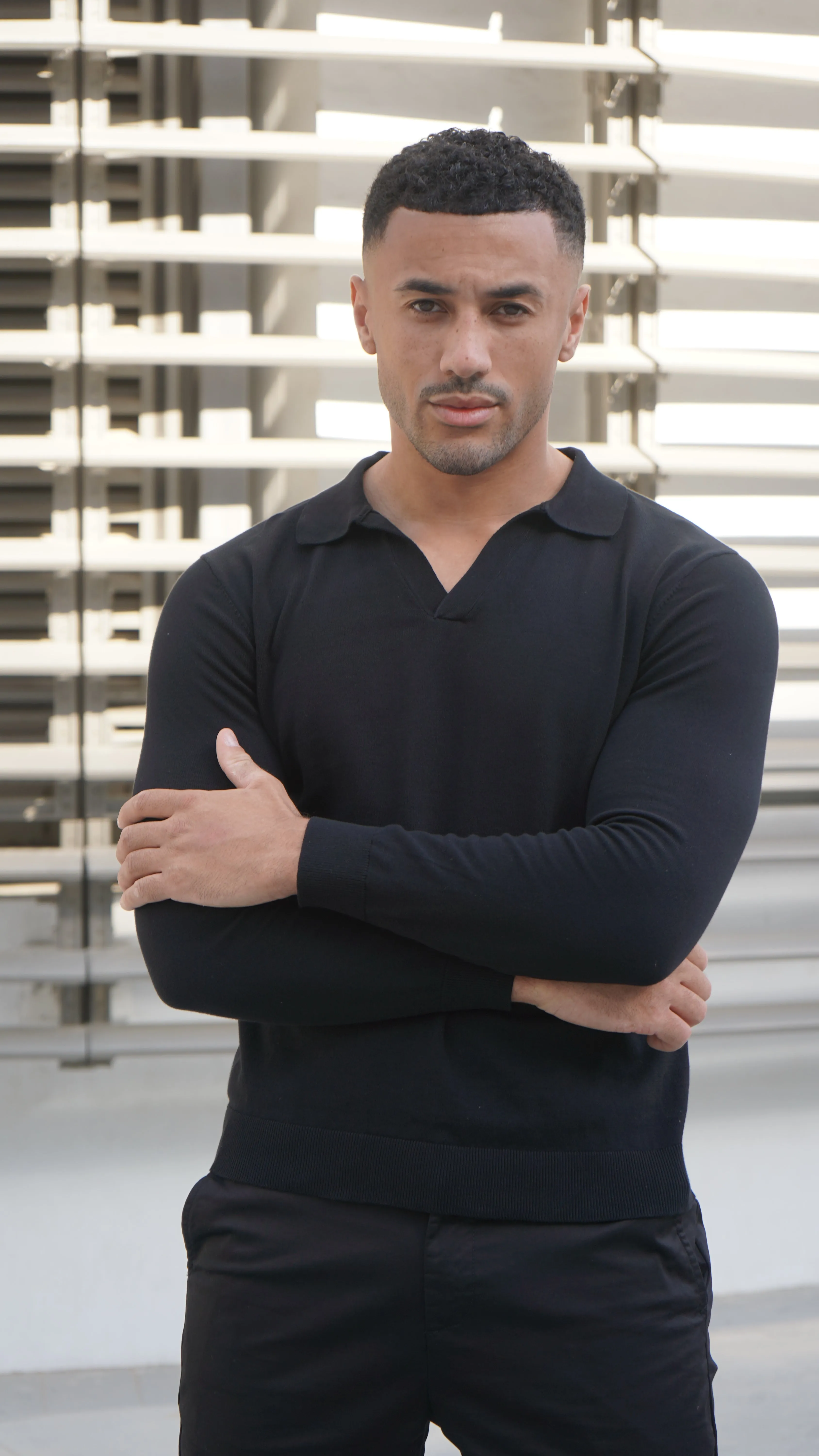 Capo Egyptian Cotton Cuban Collar LS Polo Shirt - Black