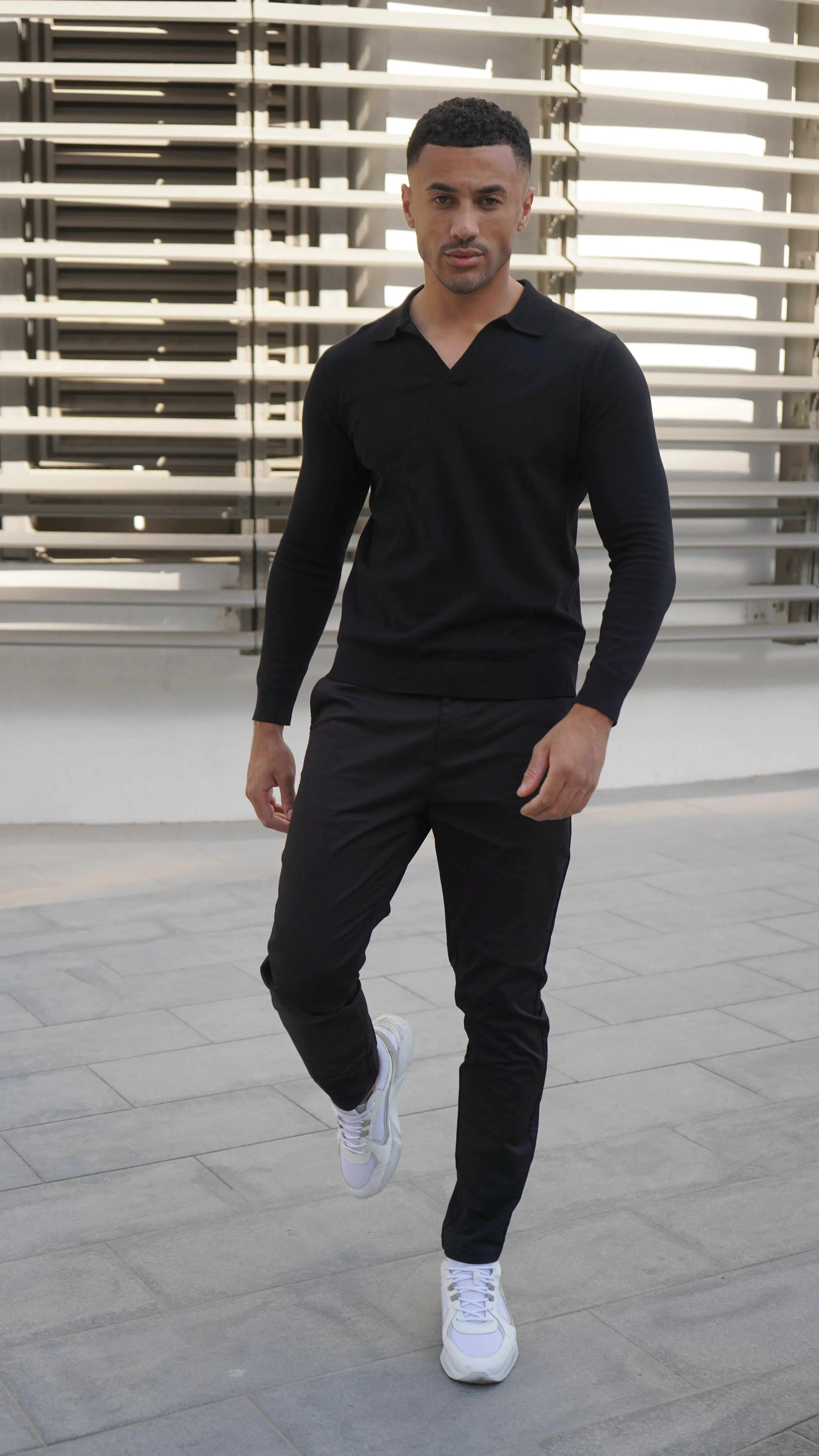 Capo Egyptian Cotton Cuban Collar LS Polo Shirt - Black