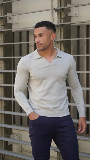 Capo Egyptian Cotton Cuban Collar LS Polo Shirt - Stone
