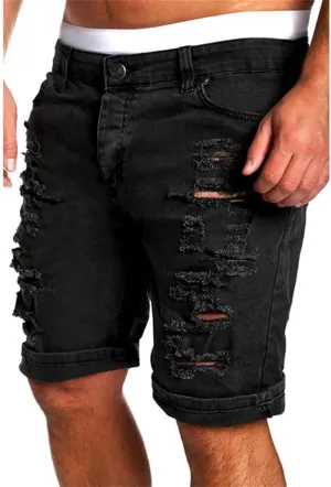 Casual Denim Shorts for Men Stretch Slim Fit Washed Distressed Hole Ripped Roll Up Hem Moto Biker Jean Shorts with Pockets