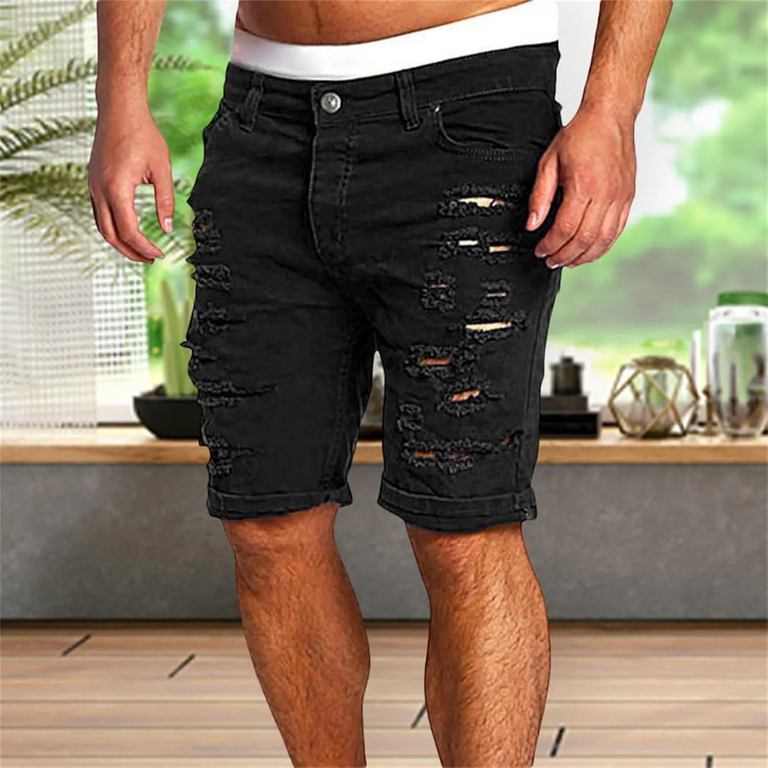 Casual Denim Shorts for Men Stretch Slim Fit Washed Distressed Hole Ripped Roll Up Hem Moto Biker Jean Shorts with Pockets