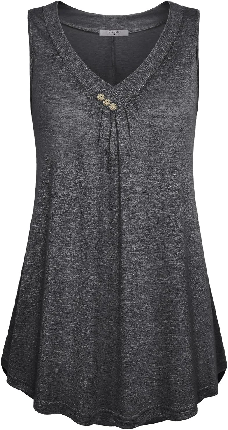 Cestyle Womens Sleeveless V Neck Shirts Pleated Front Flowy Tank Tops