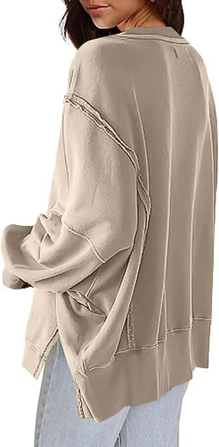 CHARTOU Women Oversized Crewneck Sweatshirt Ripped Distressed Hoodie Lightweight Tunic Shirts Sweatshirt