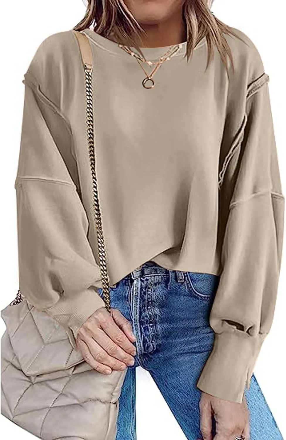CHARTOU Women Oversized Crewneck Sweatshirt Ripped Distressed Hoodie Lightweight Tunic Shirts Sweatshirt