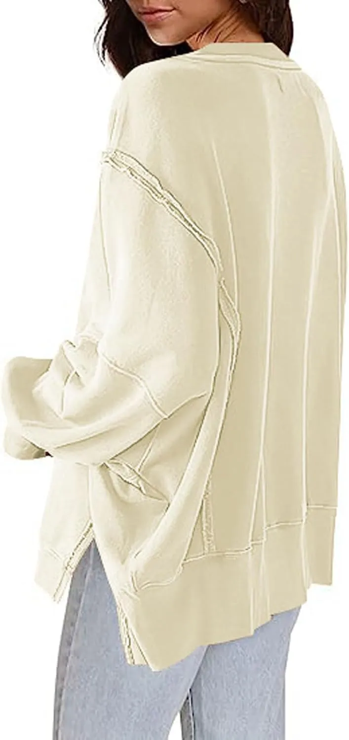 CHARTOU Women Oversized Crewneck Sweatshirt Ripped Distressed Hoodie Lightweight Tunic Shirts Sweatshirt