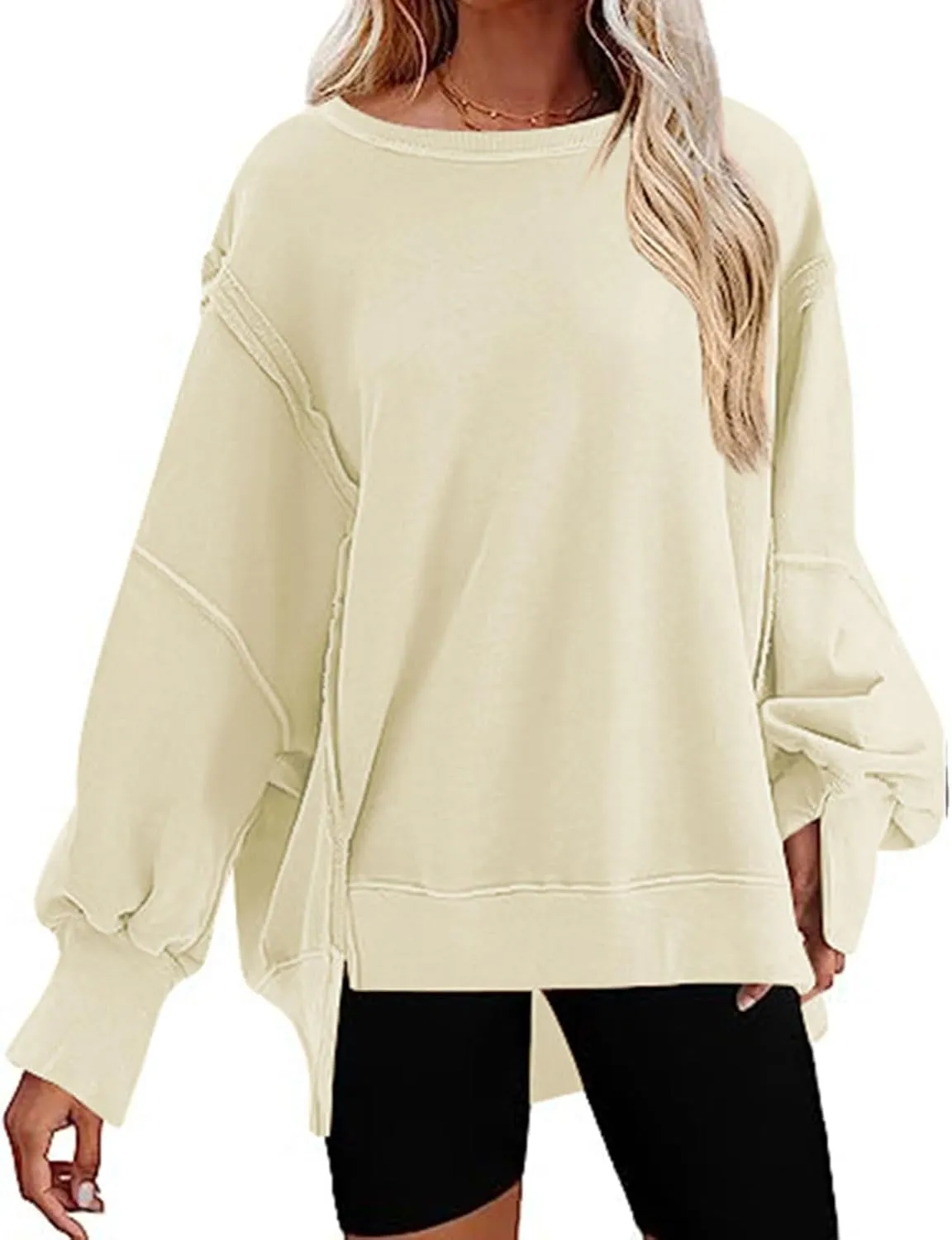 CHARTOU Women Oversized Crewneck Sweatshirt Ripped Distressed Hoodie Lightweight Tunic Shirts Sweatshirt