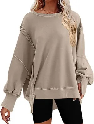 CHARTOU Women Oversized Crewneck Sweatshirt Ripped Distressed Hoodie Lightweight Tunic Shirts Sweatshirt